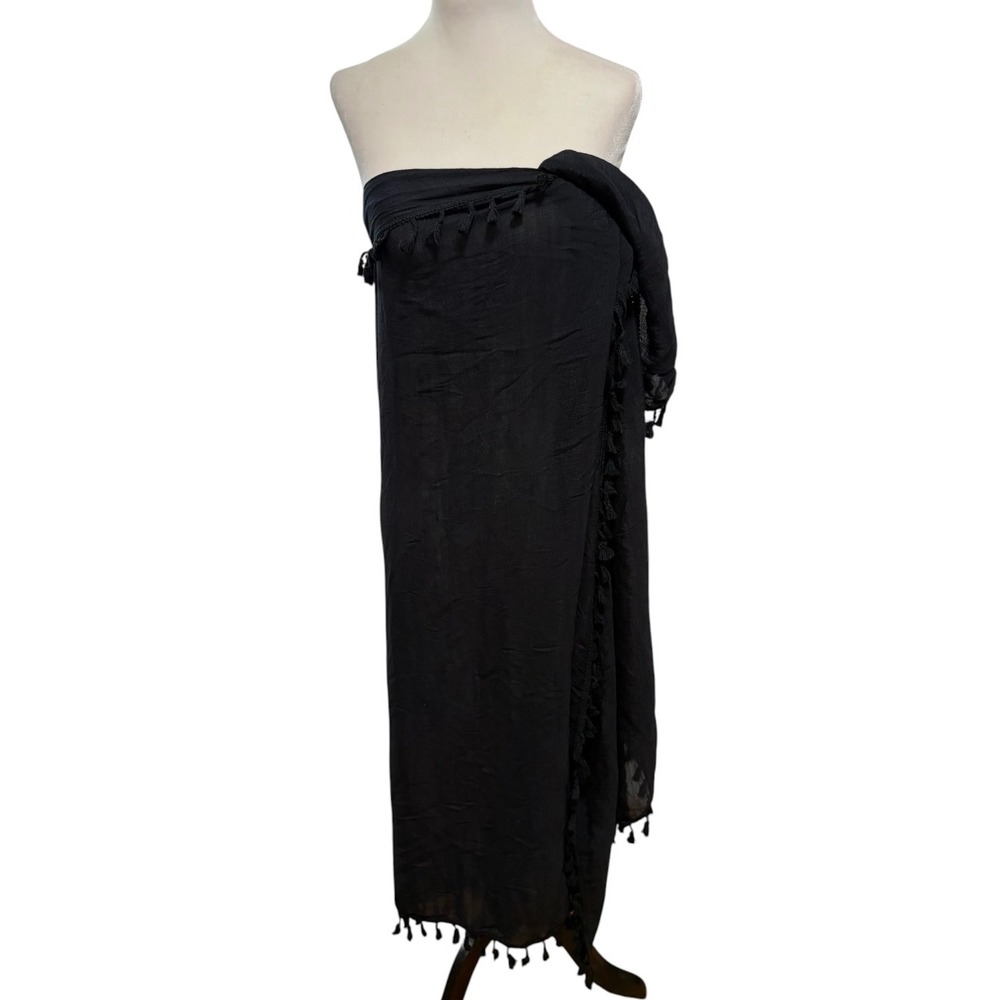 NEW Black Tassel Trim Sarong Swim Coverup One Size Wrap‎ Skirt Beachwear